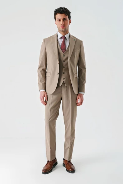 Koyu Camel Gabardin Kırlangıç Yaka Yelekli Likralı 6 Drop Slim Fit Klasik Takım Elbise 1001240188 - 8
