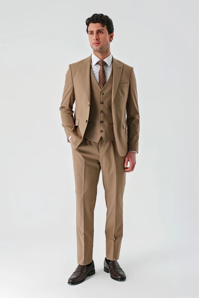 Tütün Gabardin Kırlangıç Yaka Yelekli Likralı 6 Drop Slim Fit Klasik Takım Elbise 1001240188 - Resim 5