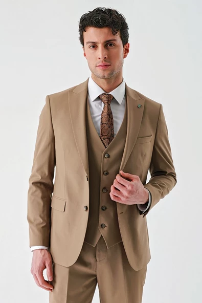 Tütün Gabardin Kırlangıç Yaka Yelekli Likralı 6 Drop Slim Fit Klasik Takım Elbise 1001240188 - Resim 4