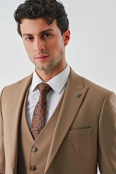 Tütün Gabardin Kırlangıç Yaka Yelekli Likralı 6 Drop Slim Fit Klasik Takım Elbise 1001240188 - Resim 7