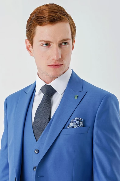 Mavi Gabardin Kırlangıç Yaka Yelekli 6 Drop Slim Fit Klasik Takım Elbise 1001240187 - 4