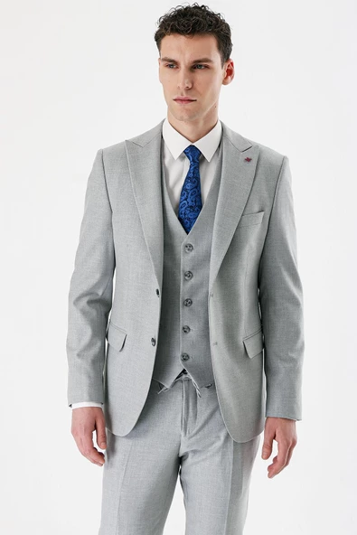 Gri Kırlangıç Yaka Yelekli Likralı 6 Drop Slim Fit Dar Kesim Klasik Takım Elbise 1001240167 - 4