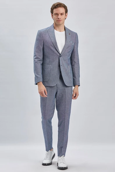 Koyu Lacivert Kırlangıç Yaka Pamuklu Keten 6 Drop Slim Fit Dar Kesim Klasik Takım Elbise 1001240103 - 2