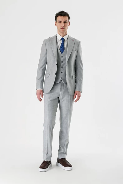Gri Kırlangıç Yaka Yelekli Likralı 6 Drop Slim Fit Dar Kesim Klasik Takım Elbise 1001240167 - 6
