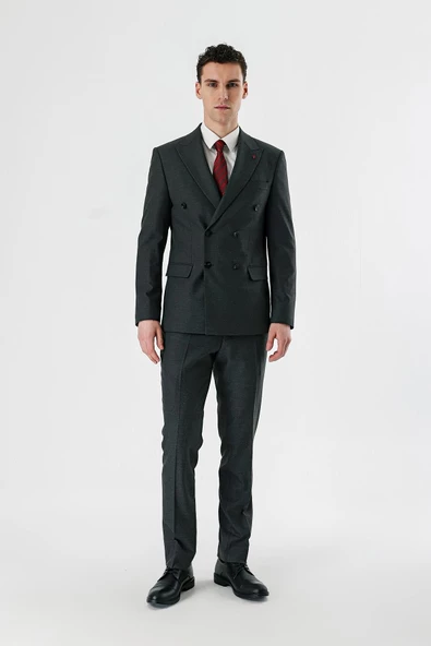 Koyu Antrasit Kırlangıç Yaka Kruvaze Likralı 6 Drop Slim Fit Klasik Takım Elbise 1001240166 - Resim 6