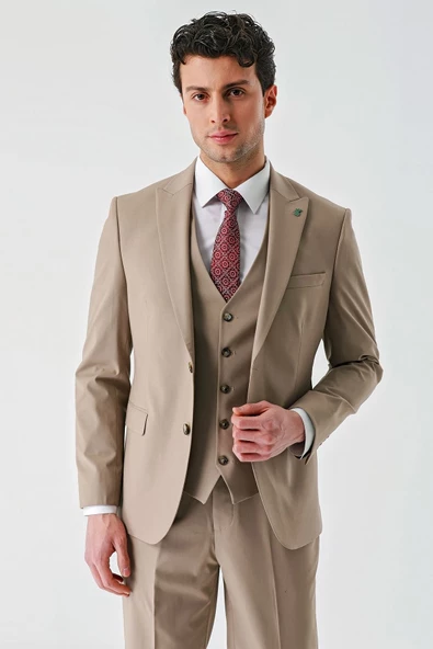 Koyu Camel Gabardin Kırlangıç Yaka Yelekli Likralı 6 Drop Slim Fit Klasik Takım Elbise 1001240188 - 4