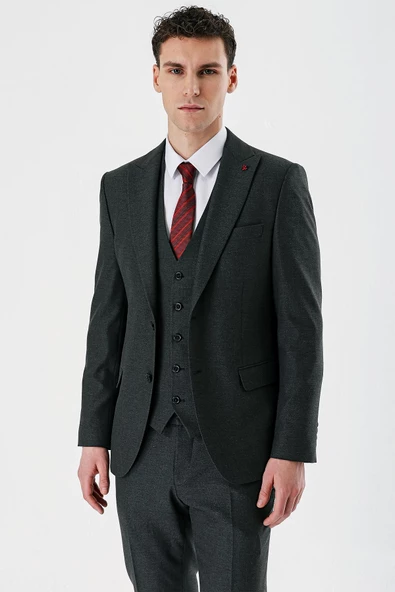 Koyu Antrasit Kırlangıç Yaka Yelekli Likralı 6 Drop Slim Fit Klasik Takım Elbise 1001240167 - 4