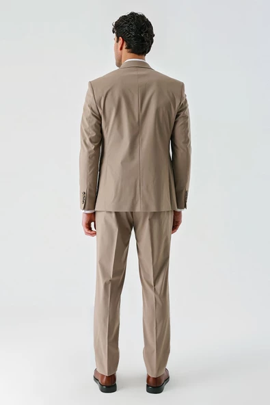Koyu Camel Gabardin Kırlangıç Yaka Yelekli Likralı 6 Drop Slim Fit Klasik Takım Elbise 1001240188 - 3