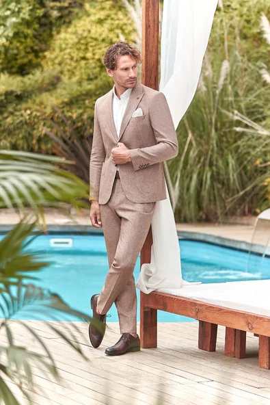 Kahverengi Kırlangıç Yaka Pamuklu Keten 6 Drop Slim Fit Dar Kesim Klasik Takım Elbise 1001240103