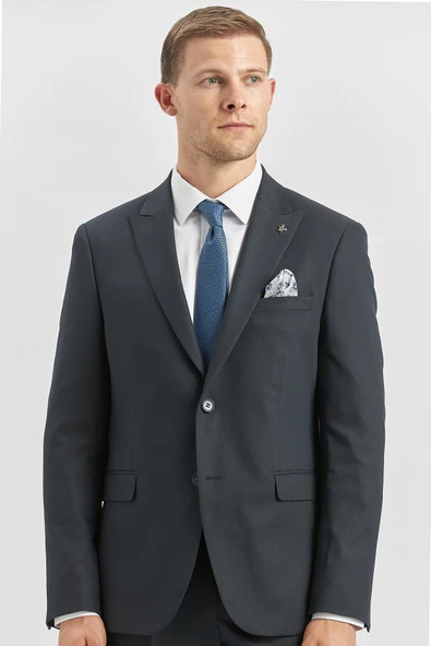 Koyu Lacivert Desenli Armürlü Kırlangıç Yaka Likralı 6 Drop Slim Fit Takım Elbise 1001240172 ürün görseli