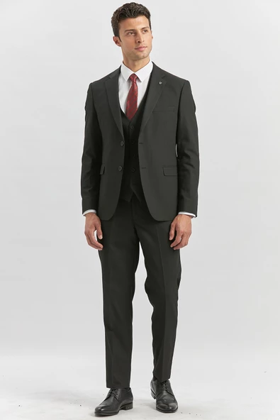 Siyah Desenli Armürlü Mono Yaka Yelekli Likralı 6 Drop Slim Fit Takım Elbise 1001240180 - 3