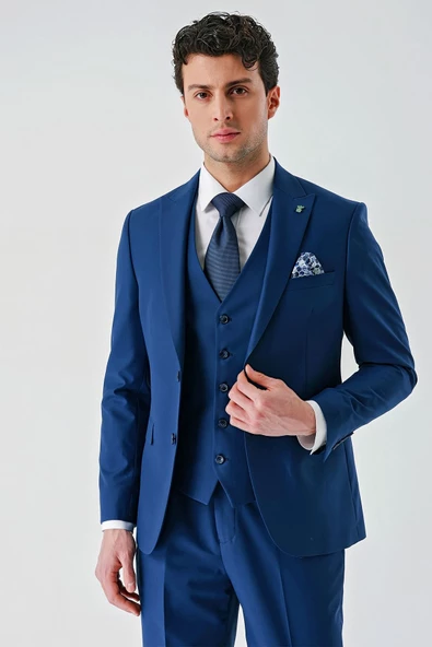 Lacivert Gabardin Kırlangıç Yaka Yelekli 6 Drop Slim Fit Klasik Takım Elbise 1001240187 - Resim 9