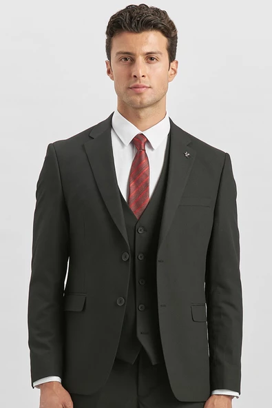 Siyah Desenli Armürlü Mono Yaka Yelekli Likralı 6 Drop Slim Fit Takım Elbise 1001240180 - 2