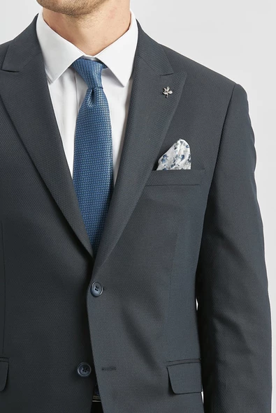 Koyu Lacivert Desenli Armürlü Kırlangıç Yaka Likralı 6 Drop Slim Fit Takım Elbise 1001240172 - 2