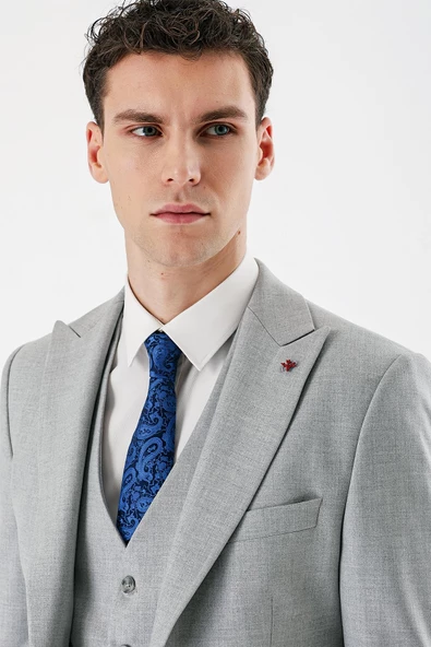 Gri Kırlangıç Yaka Yelekli Likralı 6 Drop Slim Fit Dar Kesim Klasik Takım Elbise 1001240167 - 8
