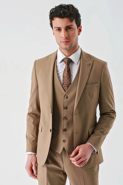 Tütün Gabardin Kırlangıç Yaka Yelekli Likralı 6 Drop Slim Fit Klasik Takım Elbise 1001240188 - Resim 2