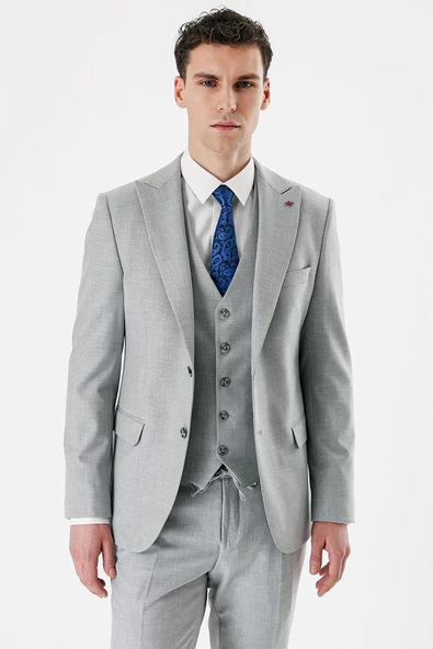 Gri Kırlangıç Yaka Yelekli Likralı 6 Drop Slim Fit Dar Kesim Klasik Takım Elbise 1001240167 - 5