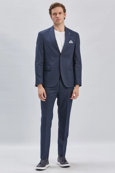 Koyu Lacivert Armürlü Kırlangıç Yaka Astarlı 6 Drop Slim Fit Dar Kesim Takım Elbise 1001240176 - 2