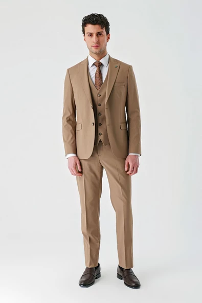 Tütün Gabardin Kırlangıç Yaka Yelekli Likralı 6 Drop Slim Fit Klasik Takım Elbise 1001240188 - Resim 10