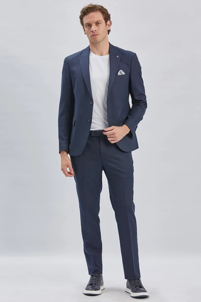 Koyu Lacivert Armürlü Kırlangıç Yaka Astarlı 6 Drop Slim Fit Dar Kesim Takım Elbise 1001240176 - 5