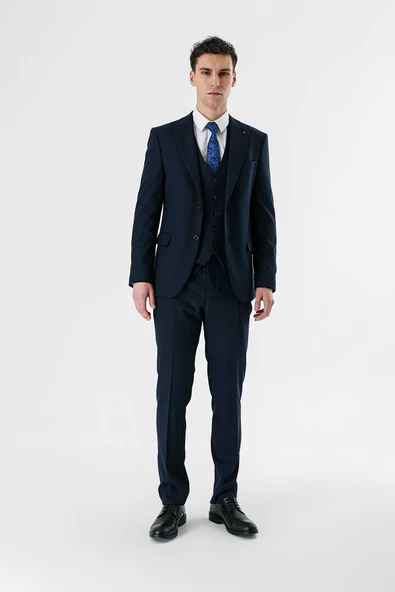 Koyu Lacivert Kırlangıç Yaka Yelekli Likralı 6 Drop Slim Fit Klasik Takım Elbise 1001240167 - 3