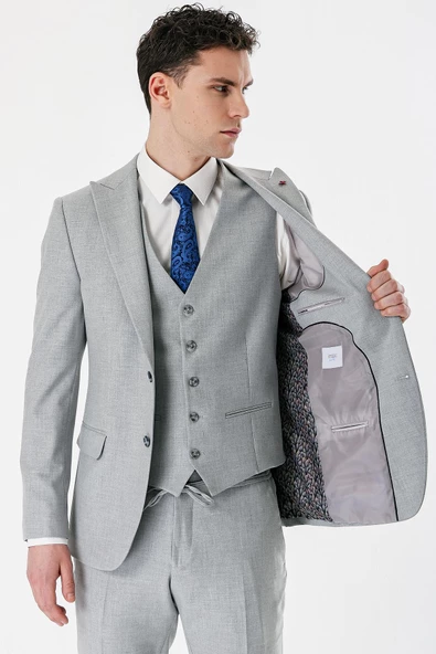 Gri Kırlangıç Yaka Yelekli Likralı 6 Drop Slim Fit Dar Kesim Klasik Takım Elbise 1001240167 - 9