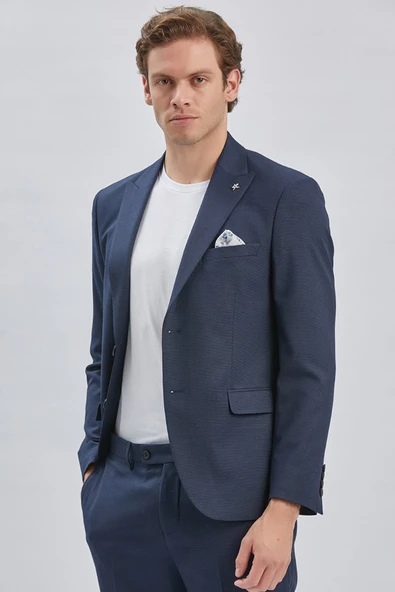 Koyu Lacivert Armürlü Kırlangıç Yaka Astarlı 6 Drop Slim Fit Dar Kesim Takım Elbise 1001240176 - 7