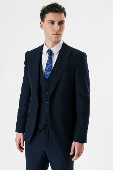 Koyu Lacivert Kırlangıç Yaka Yelekli Likralı 6 Drop Slim Fit Klasik Takım Elbise 1001240167 - 4