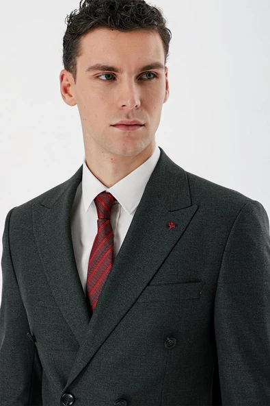 Koyu Antrasit Kırlangıç Yaka Kruvaze Likralı 6 Drop Slim Fit Klasik Takım Elbise 1001240166 - Resim 8