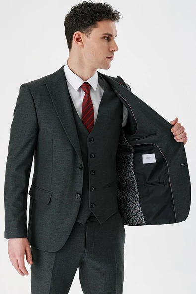 Koyu Antrasit Kırlangıç Yaka Yelekli Likralı 6 Drop Slim Fit Klasik Takım Elbise 1001240167 - 8