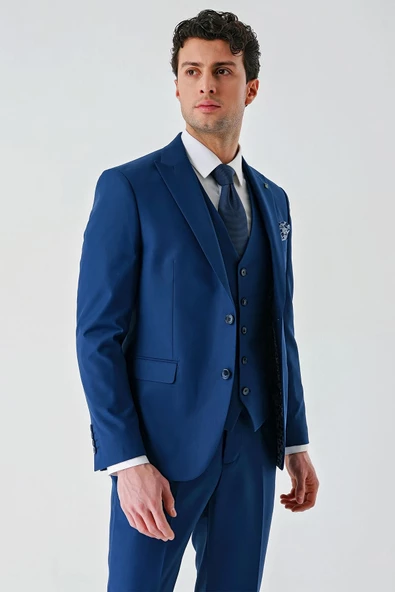 Lacivert Gabardin Kırlangıç Yaka Yelekli 6 Drop Slim Fit Klasik Takım Elbise 1001240187 - Resim 10