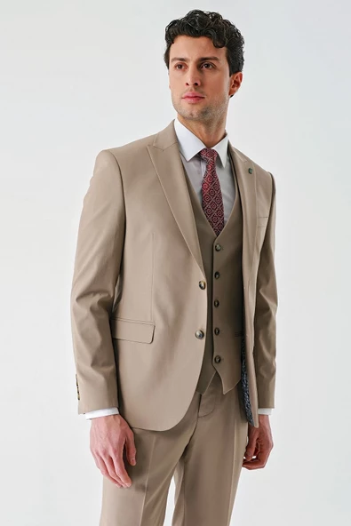 Koyu Camel Gabardin Kırlangıç Yaka Yelekli Likralı 6 Drop Slim Fit Klasik Takım Elbise 1001240188 - 5