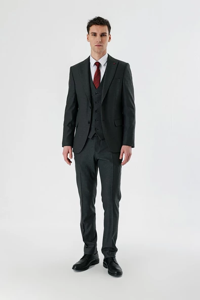 Koyu Antrasit Kırlangıç Yaka Yelekli Likralı 6 Drop Slim Fit Klasik Takım Elbise 1001240167 - 5
