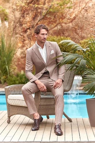 Kahverengi Kırlangıç Yaka Pamuklu Keten 6 Drop Slim Fit Dar Kesim Klasik Takım Elbise 1001240103 - 2