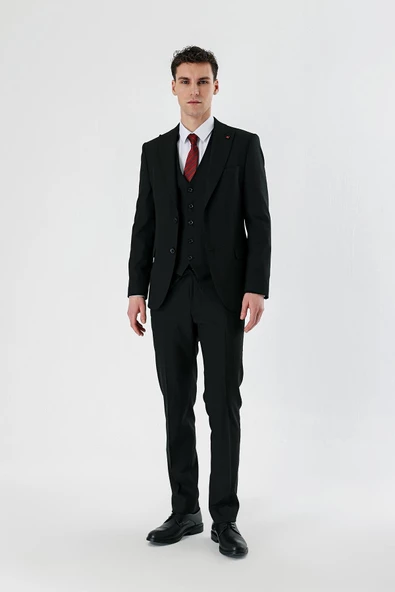 Siyah Kırlangıç Yaka Yelekli Likralı 6 Drop Slim Fit Dar Kesim Klasik Takım Elbise 1001240167 - 2