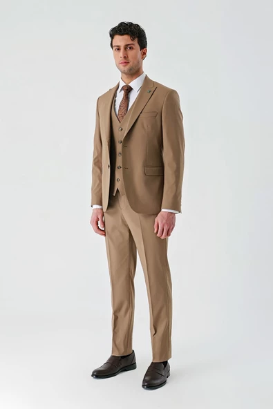 Tütün Gabardin Kırlangıç Yaka Yelekli Likralı 6 Drop Slim Fit Klasik Takım Elbise 1001240188 - Resim 12