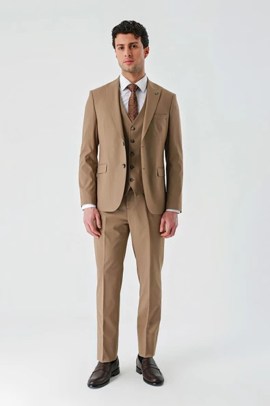 Tütün Gabardin Kırlangıç Yaka Yelekli Likralı 6 Drop Slim Fit Klasik Takım Elbise 1001240188 - Resim 11