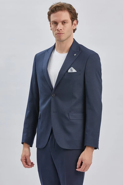 Koyu Lacivert Armürlü Kırlangıç Yaka Astarlı 6 Drop Slim Fit Dar Kesim Takım Elbise 1001240176 - 3
