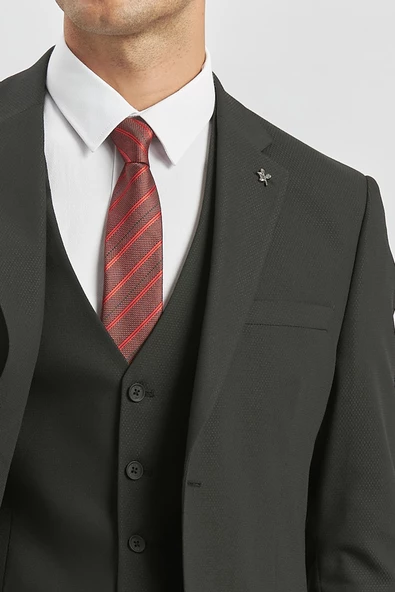 Siyah Desenli Armürlü Mono Yaka Yelekli Likralı 6 Drop Slim Fit Takım Elbise 1001240180 - 6