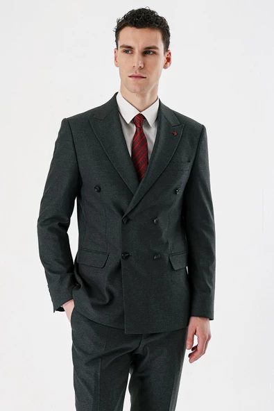 Koyu Antrasit Kırlangıç Yaka Kruvaze Likralı 6 Drop Slim Fit Klasik Takım Elbise 1001240166 - Resim 5