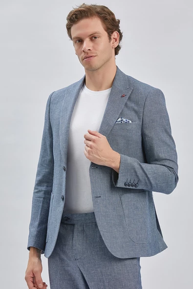 Koyu Lacivert Kırlangıç Yaka Pamuklu Keten 6 Drop Slim Fit Dar Kesim Klasik Takım Elbise 1001240103 - 6