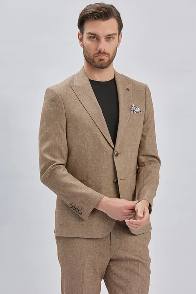 Kahverengi Kırlangıç Yaka Pamuklu Keten 6 Drop Slim Fit Dar Kesim Klasik Takım Elbise 1001240103 - 3