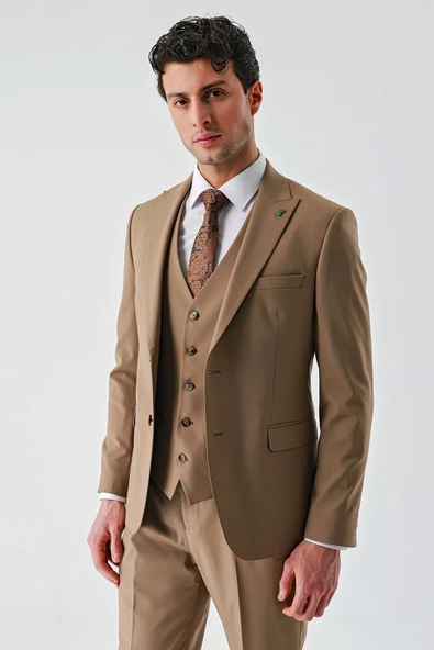 Tütün Gabardin Kırlangıç Yaka Yelekli Likralı 6 Drop Slim Fit Klasik Takım Elbise 1001240188 - Resim 8