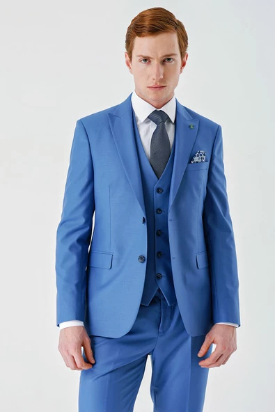 Mavi Gabardin Kırlangıç Yaka Yelekli 6 Drop Slim Fit Klasik Takım Elbise 1001240187 - 8