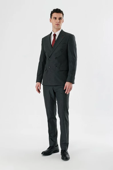 Koyu Antrasit Kırlangıç Yaka Kruvaze Likralı 6 Drop Slim Fit Klasik Takım Elbise 1001240166 - Resim 7