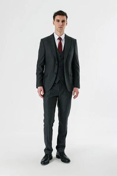 Koyu Antrasit Kırlangıç Yaka Yelekli Likralı 6 Drop Slim Fit Klasik Takım Elbise 1001240167 - 6