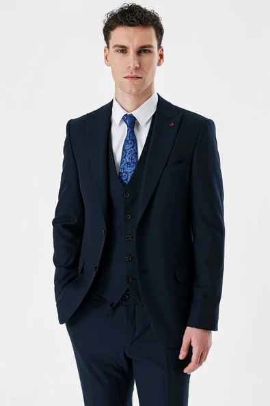 Koyu Lacivert Kırlangıç Yaka Yelekli Likralı 6 Drop Slim Fit Klasik Takım Elbise 1001240167 - 5