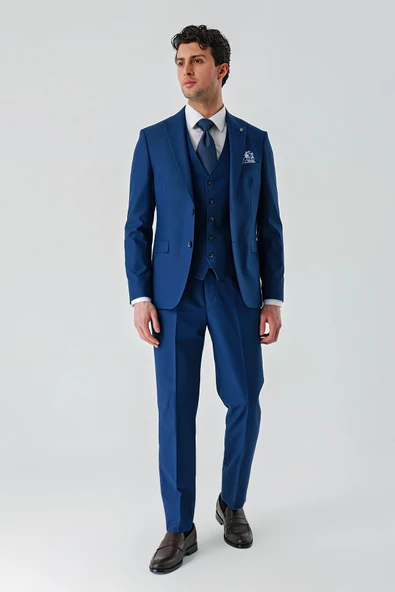 Lacivert Gabardin Kırlangıç Yaka Yelekli 6 Drop Slim Fit Klasik Takım Elbise 1001240187 - Resim 8