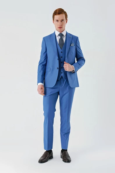 Mavi Gabardin Kırlangıç Yaka Yelekli 6 Drop Slim Fit Klasik Takım Elbise 1001240187 - 2
