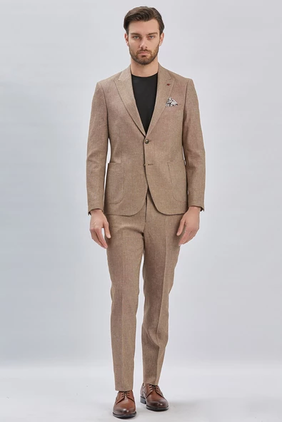 Kahverengi Kırlangıç Yaka Pamuklu Keten 6 Drop Slim Fit Dar Kesim Klasik Takım Elbise 1001240103 - 4
